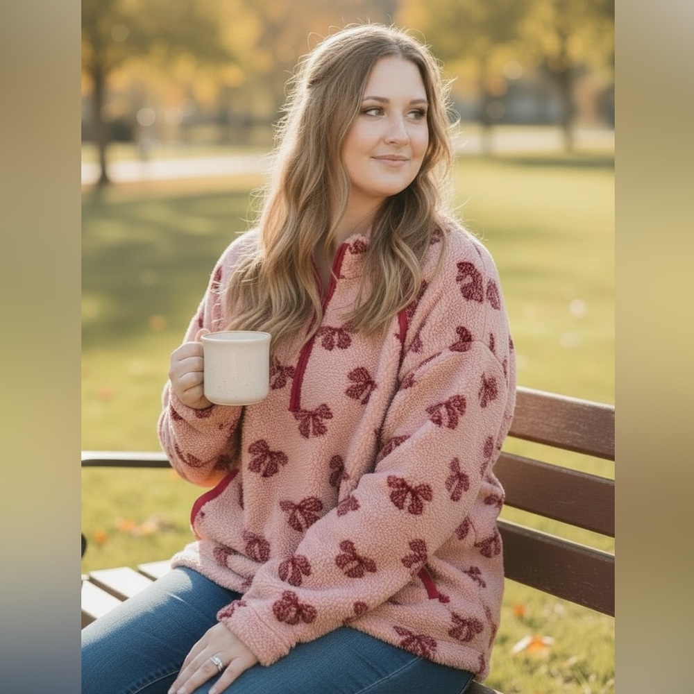 Oversized Pink Bow Sherpa Teddy Pullover